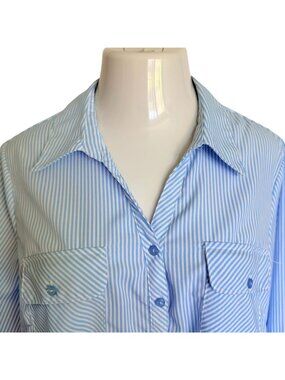Vintage Studio Works Womens 2X Shirt Blue Stripe Button Up Roll Tab Long Sleeve